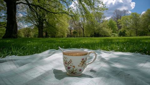 Porcelain teacup sitting on picnic blanket in sunlit park meadow with gold rim detail