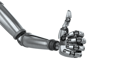 Transparent high-tech robot hand gesturing thumbs up