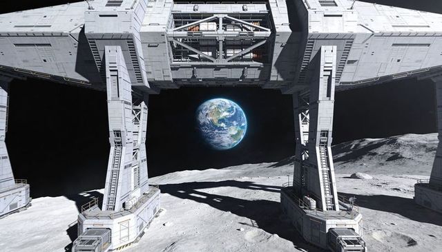 Massive lunar landing platform casting dramatic shadows with earth framed between legs