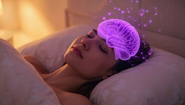 Sleeping woman with purple brain hologram visualizing dreams and sleep neuroscience