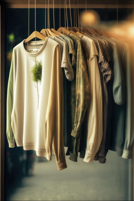 Sweatshirts with nature patterns on hanging rail in shop, created using generative ai technology - Download Free Stock Photos Pikwizard.com