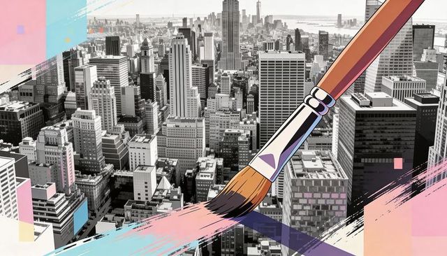 Giant paintbrush painting pastel strokes across grayscale urban skyline