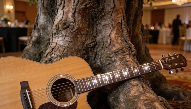 Guitar resting on gnarled tree trunk in elegant banquet hall with sparkling fretboard lights