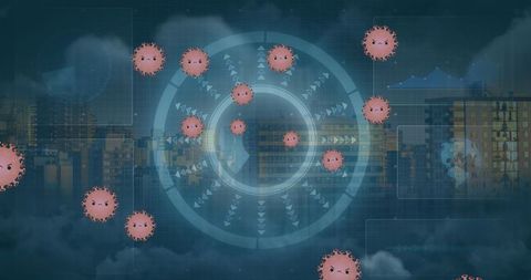 Digital depiction of covid-19 cells over cityscape with high-tech interface