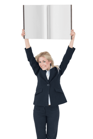 Caucasian Businesswoman Holding Open Book with Transparent Background