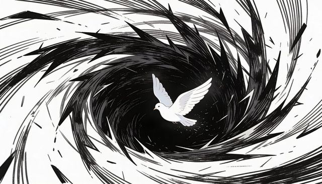White dove soaring through black vortex spiral symbolizing peace amid chaos and hope