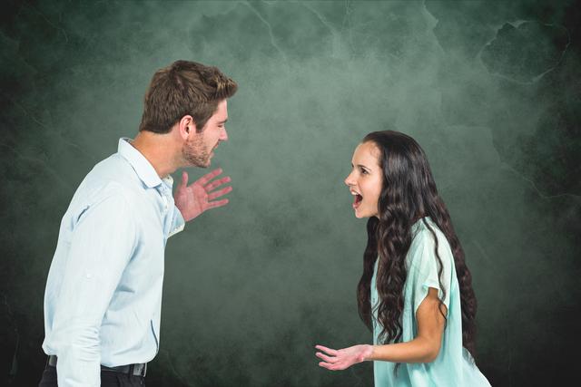 This image shows a couple arguing intensely against a textured background. The man and woman are both expressing strong emotions and anger, with hands gesturing and faces visibly distressed. Ideal for use in articles about relationship problems, marital issues, conflict resolution, or emotional stress in personal relationships.