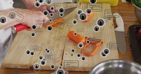 Chef slicing carrot on wooden board with red knife and social media comment overlays