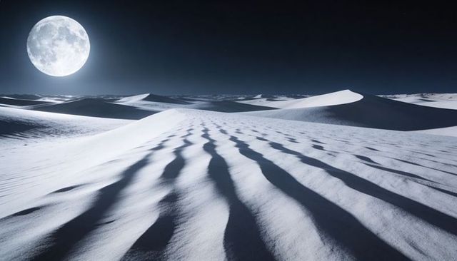 Full moon illuminating rippled desert dunes at night showing long shadows and lunar texture