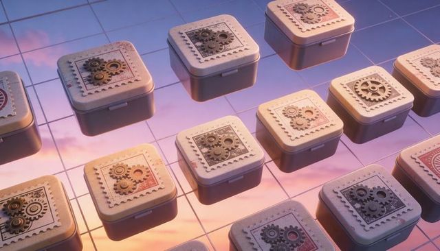 Floating metal gear boxes in reflective grid at pastel sunset, featuring embossed cogs