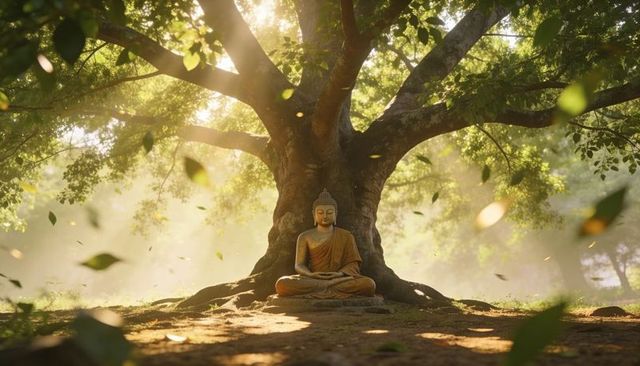 Buddha statue meditating beneath banyan tree with golden sunbeams and falling leaves