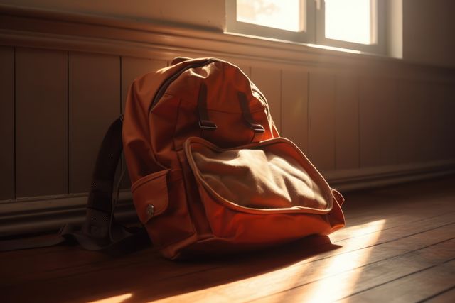 Close up of yellow school bag on wooden floor, created using generative ai technology. School, education and learning concept digitally generated image.
