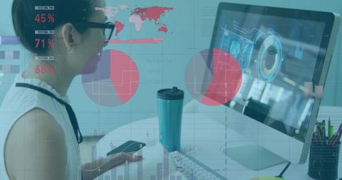 Asian Businesswoman Analyzing Financial Data on Digital Interface