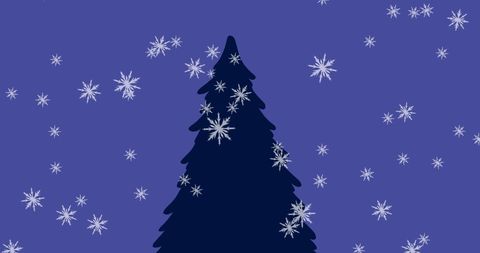 Snowy Christmas Tree with Falling Snowflakes on Purple Background