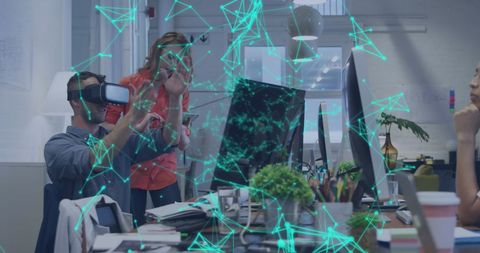 business team exploring virtual reality with digital network overlay - Download Free Stock Images Pikwizard.com