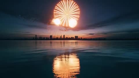 Vibrant Dusk Fireworks Over Waterfront Skyline