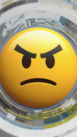 Rotating Ring Around Angry Emoji in Digital Tunnel Looping Vertical Tech Animation