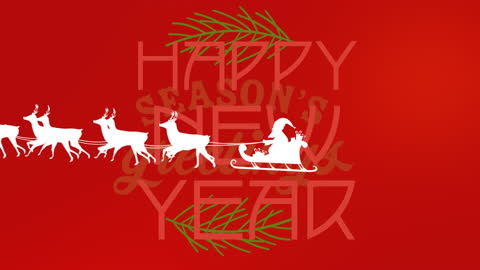 Festive Greeting with Santa Sleigh Silhouette Displaying Joy on Red