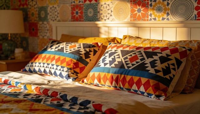Sunlit boho geometric bedding featuring vibrant tribal pillows and multicolor quilt