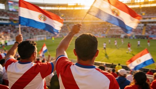 Paraguay football fans waving national flags in stadium at golden sunset
