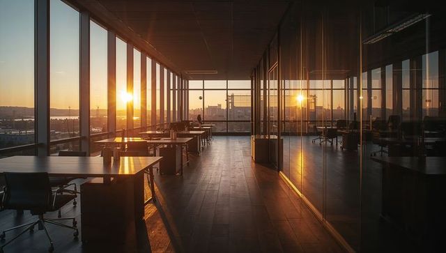 Sunset illuminating modern open-plan office with glass partitions and city views