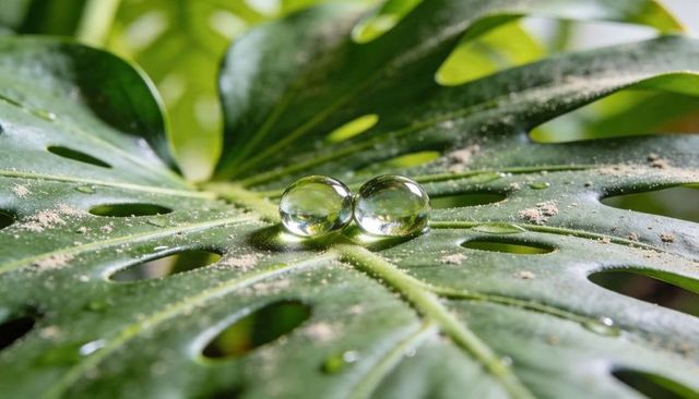 Resting dew droplets reflecting tropical foliage on monstera leaf macro botanical texture