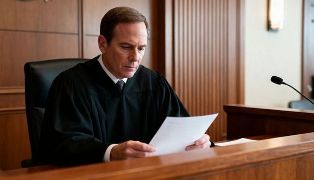 Male judge reading legal document at bench in wood-paneled courtroom, judicial authority