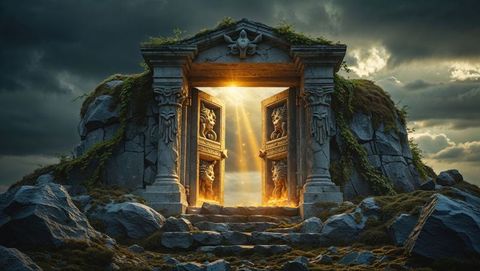 Mystical ancient stone portal with golden light, jesus' grave image background concept
