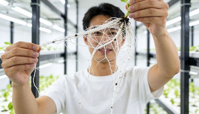 Asian man holding healthy fibrous seedling roots in vertical hydroponic farm