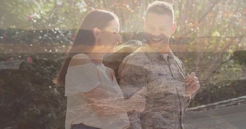 Soldier walking home with partner at golden hour double exposure seaside sunset romance