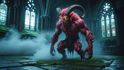 Crouching Infernal Demon in Gothic Church Interior with Fog