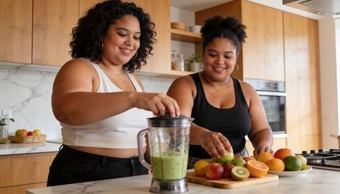 Two women preparing green smoothie in modern kitchen with fresh fruit, healthy lifestyle
