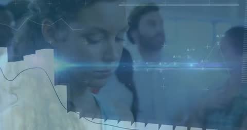 Futuristic Businesswoman Analyzing Dynamic Data Visualization