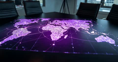 Innovative Conference Table with Futuristic World Map Hologram