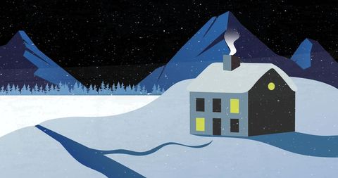 Winter Night with Snowy House and Christmas Atmosphere