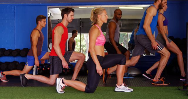 Group of diverse individuals performing lunges together in a modern fitness center. Ideal for illustrating concepts of group fitness classes, teamwork in exercise, and healthy lifestyle in advertisements, articles, or blogs related to health and wellness.