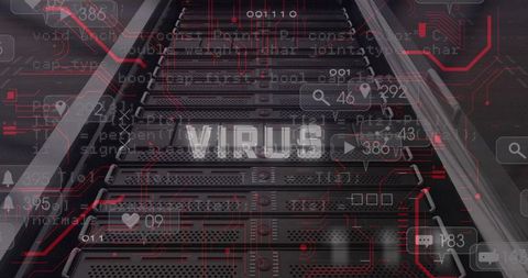 Cybersecurity warning on server with digital virus overlay