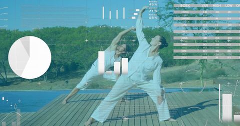 Couple Practicing Yoga Outdoors with Data Overlays
