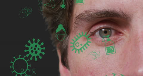 Close-Up of Man's Eye with Floating Pandemic Icons