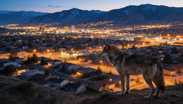Standing coyote gazing over illuminated suburb and mountain skyline at dusk
