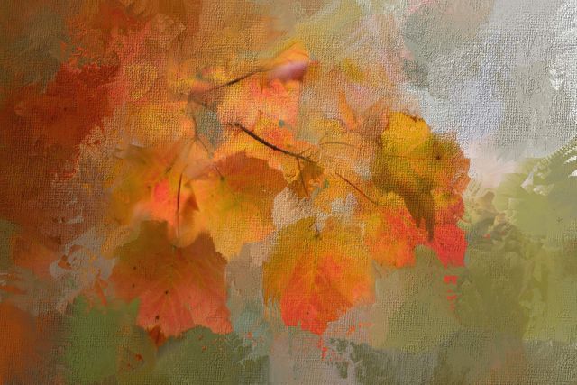 Vibrant orange and yellow autumn leaves rendered with artistic brushstrokes. Perfect for creative projects, seasonal greetings, autumn-themed designs, or as a background image for websites and print material emphasizing the beauty of fall.