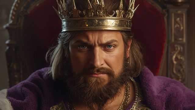 Brooding medieval king wearing gold crown and purple robe displaying gold chain on throne
