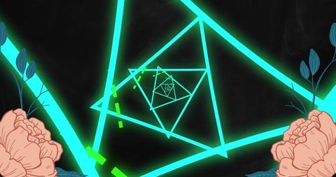 Neon triangles and roses on black background