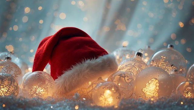 Santa Hat Nestling Among Glowing Glass Baubles on Snow with Warm Bokeh Lights