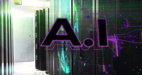 Glowing AI Letter Hovering Over Server Racks in Neon Cyberpunk Data Center