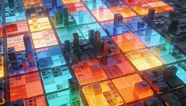 Glowing tessellated grid forming futuristic digital circuitry with translucent neon towers