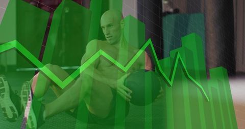 Shirtless athlete performing russian twist with medicine ball, workout analytics overlay