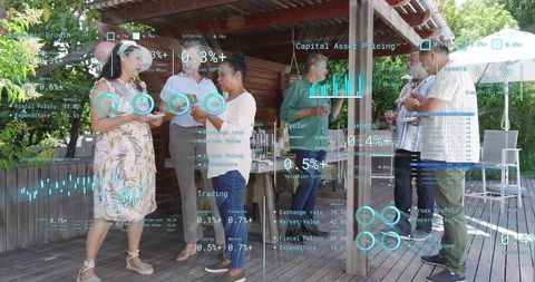 Multigenerational friends enjoying backyard garden party with augmented data overlay
