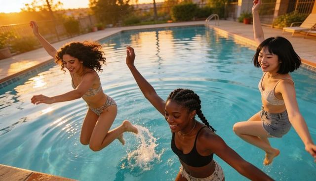 Three women jumping into pool at sunset splashing and laughing together