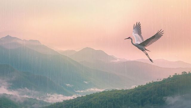 Crane gliding over misty mountain valley at pastel dawn with rain and forest panorama